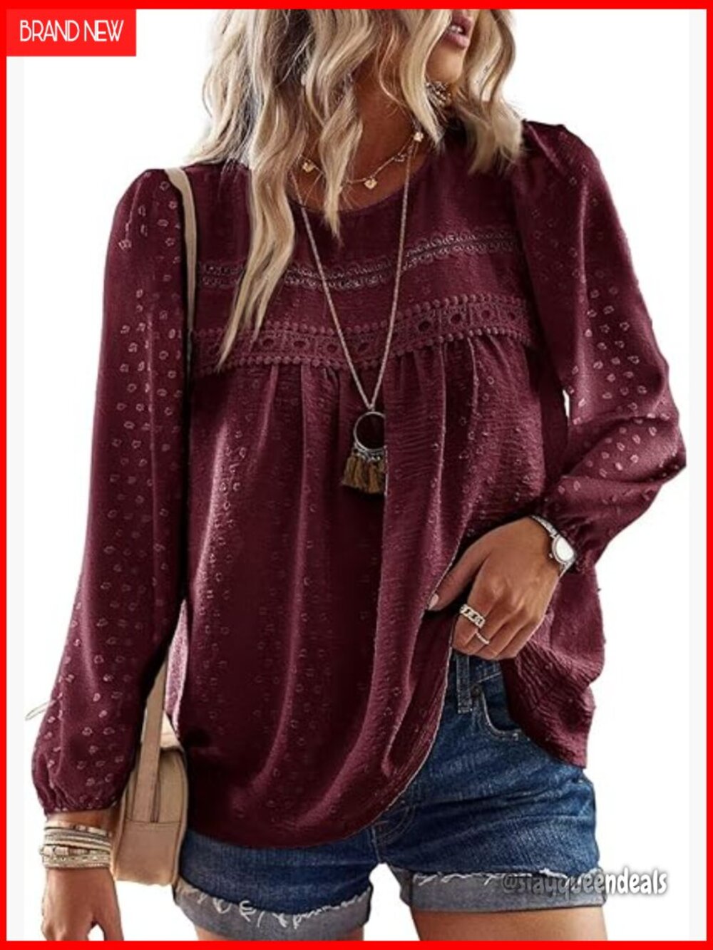 Boho Long Sleeve Crewneck Blouse - Flowy Lace Hem Tunic Top